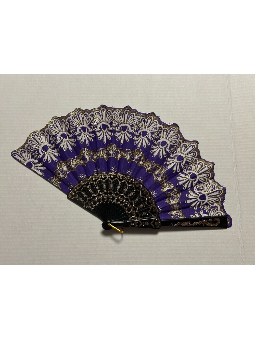 Spanish Folding Hand Fan Purple Printed Fabric Glitter Floral Dance